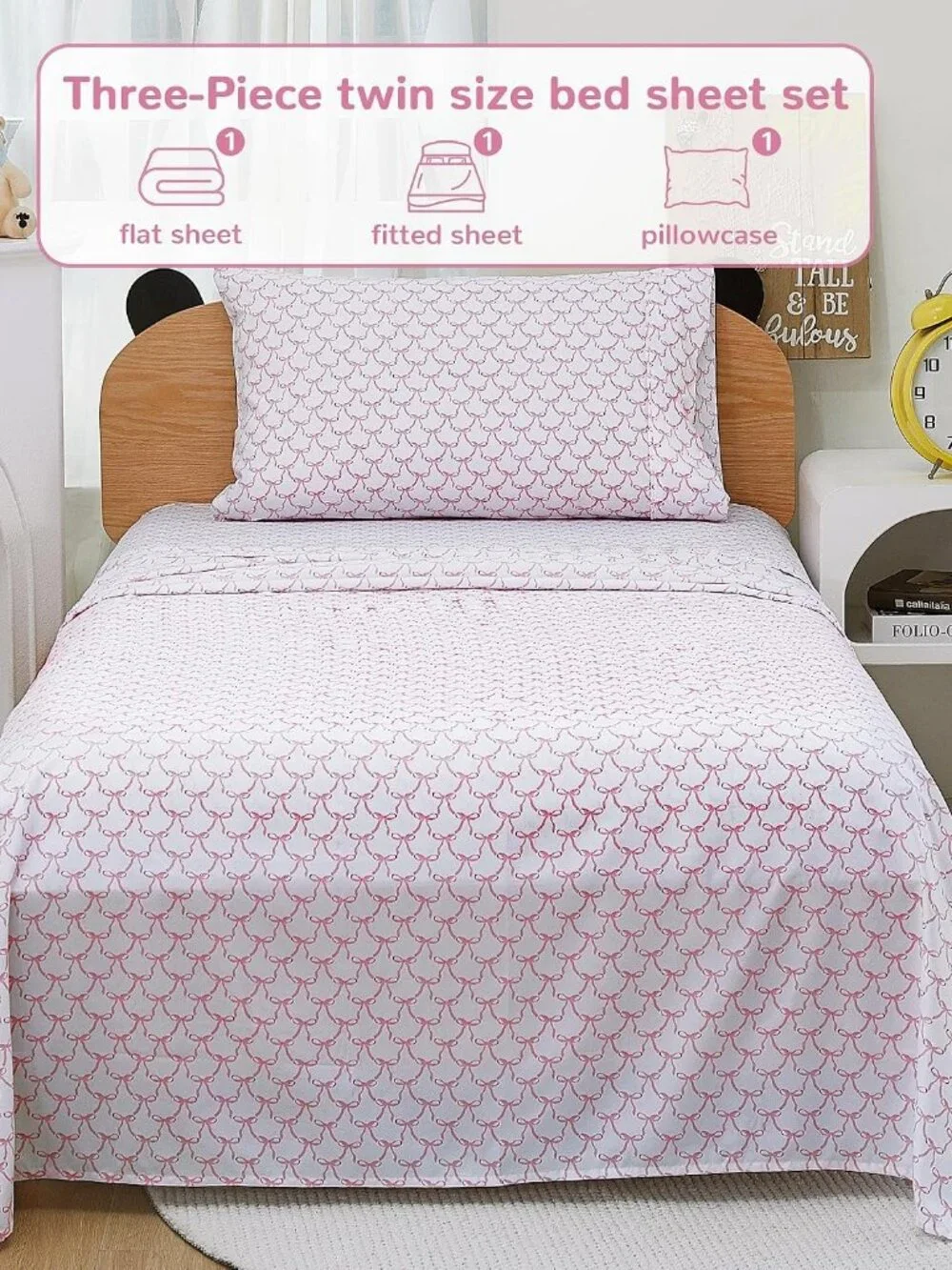 Kids Twin Size Bed Sheets, 3-Piece, Deep Pocket, Pink Bowknot